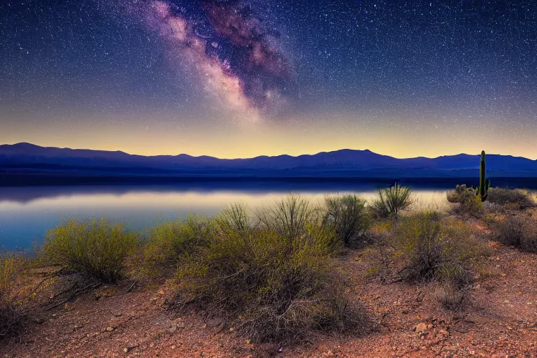 Image similar to beautiful landscape photography of an Arizona desert, lake, midnight, stars