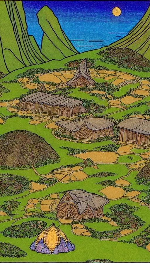 Image similar to hobbit monastery on hawaii, solarpunk, permaculture, by ivan bilibin,