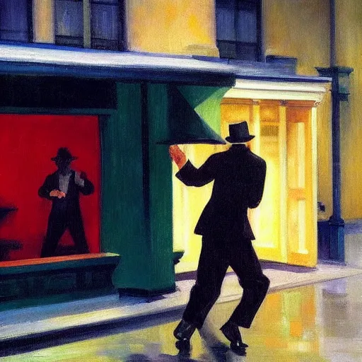 Prompt: man dancing in the rain, edward hopper, trending on artstation,