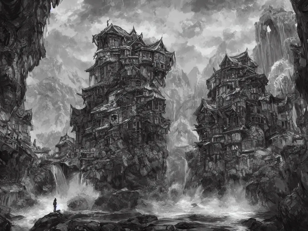 Image similar to impressive concept art of crooked ancient town, artstation, ink, black white, hills, waterfall, river, dominating palace with white walls on top of the hill