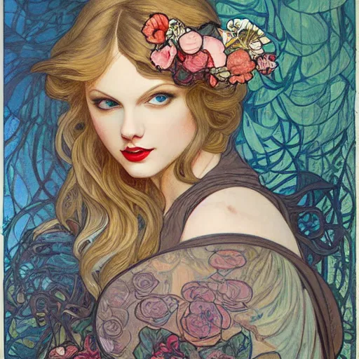 Image similar to romantic painted portrait of taylor swift by james jean, mucha, masterpiece