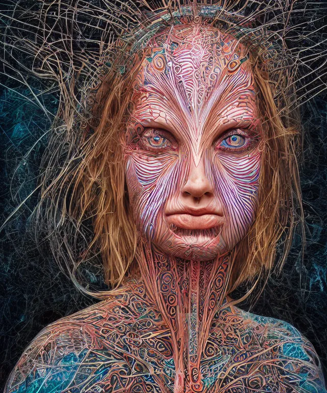 Image similar to An epic photo illustration of female symmetrical portrait by Michael Sydney Moore, Alex Grey, hyper detailed, 50mm, award winning photography