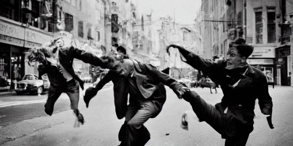 Prompt: a woman attacking a man in the middle of the street in the 1950's, hysteria, candid photo, black and white, film, low shutter speed