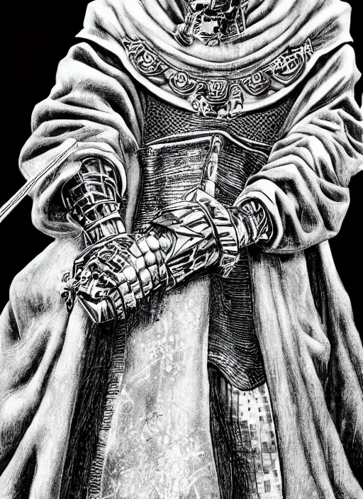 Image similar to Snoop Dogg as a knight, highly detailed, black and white, manga, art by Kentaro Miura