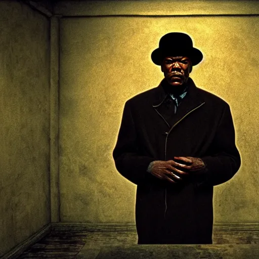 Image similar to film by tarkovsky, stalker style, pulp fiction movie, highly detailed, photorealistic, full - body, samuel l jackson posing in cafe, perfect symmetrical eyes, 8 k resolution, digital art, hyper realistic