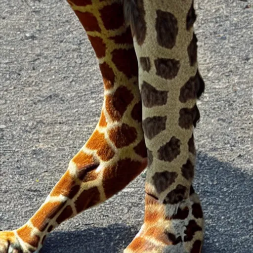 Image similar to a giraffe with human legs and hairy feets