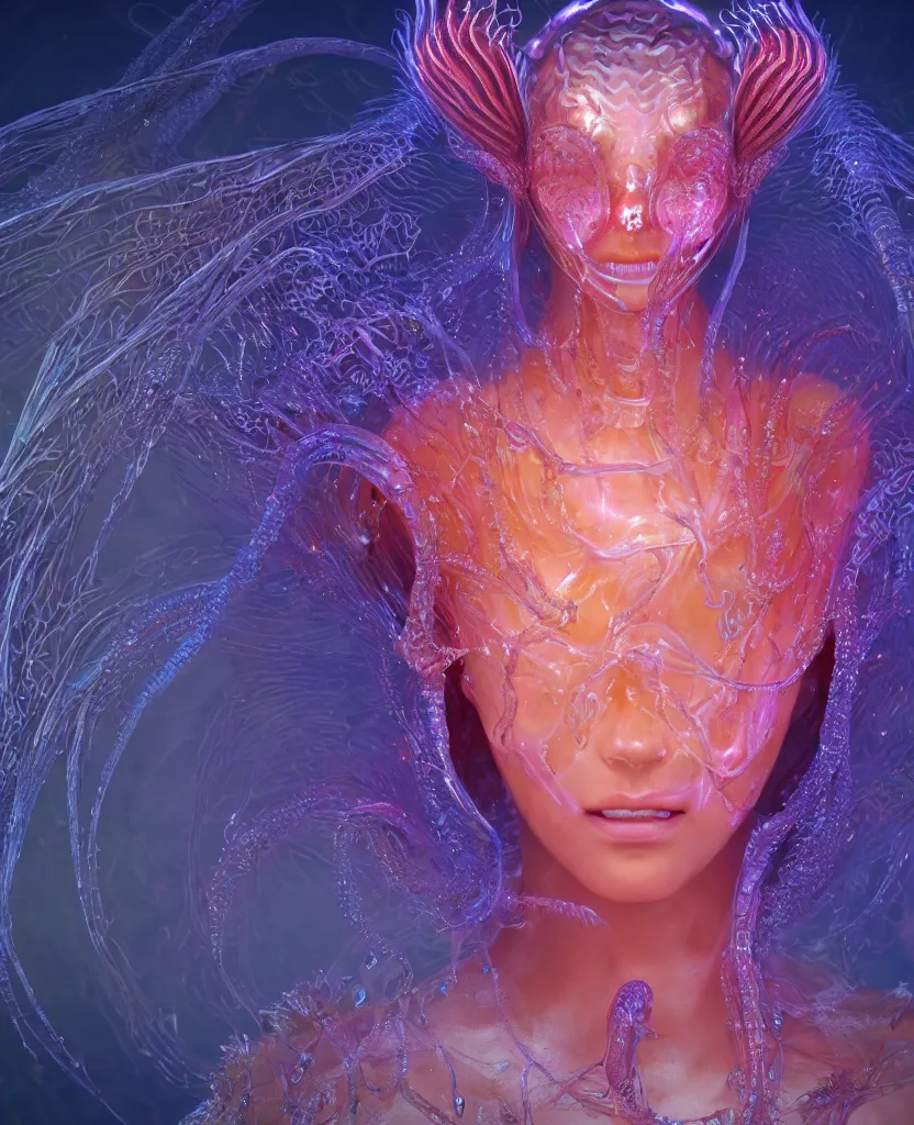 Image similar to close-up macro portrait of the face of a beautiful princess, epic angle and pose, symmetrical artwork, 3d with depth of field, blurred background, cybernetic jellyfish female face skull phoenix bird, translucent, nautilus, energy flows of water and fire. a highly detailed epic cinematic concept art CG render. made in Maya, Blender and Photoshop, octane render, excellent composition, cinematic dystopian brutalist atmosphere, dynamic dramatic cinematic lighting, aesthetic, very inspirational, arthouse. y Greg Rutkowski, Ilya Kuvshinov, WLOP, Stanley Artgerm Lau, Ruan Jia and Fenghua Zhong