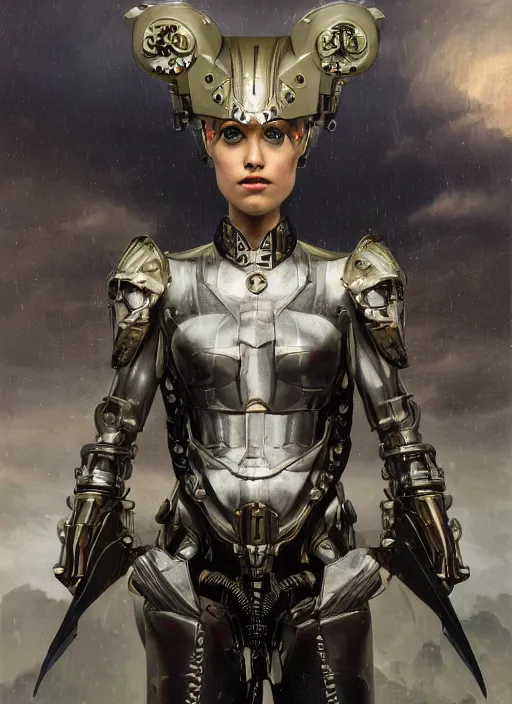 Image similar to symmetry! closeup portrait of a biblical diabolical hunter model girl, fashon cyborg armor, in clouds, cinematic studio light! thunder, rainrops! storm, sunset, by gerald brom, by mikhail vrubel, by peter elson, high contrast, muted colors, extreme detail, mirrors, trending on artstation, 8 k