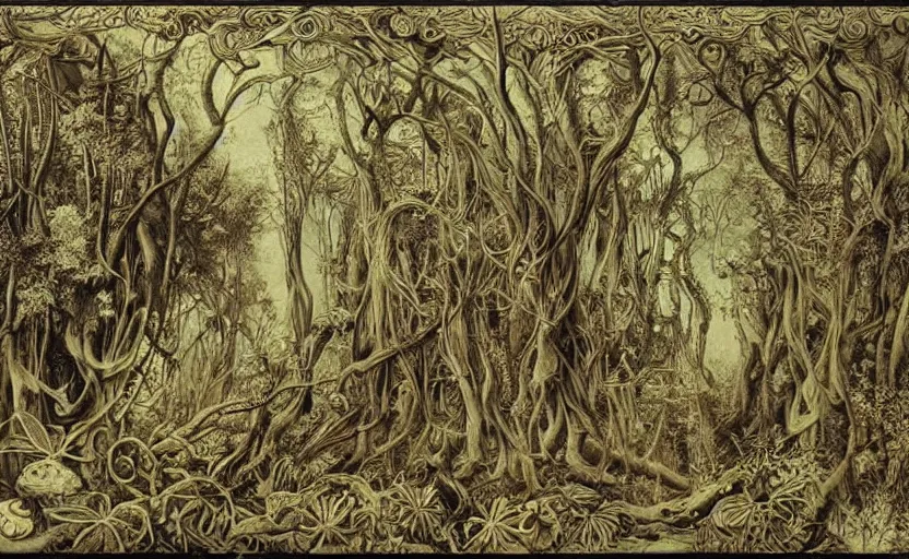 Image similar to mysterious forest by ernst haeckel, very beautiful, dreamy, poetic, melancholy:: pyrography