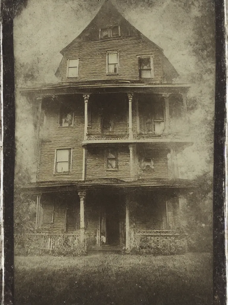 Image similar to tintype photograph. beautiful exterior view of an old victorian house. a creepy man's face is in the window