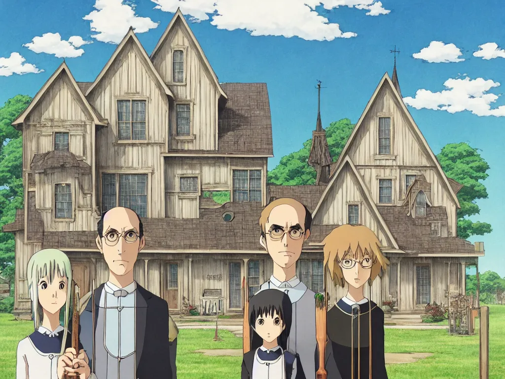 Prompt: american gothic in detailed studio ghibli anime style