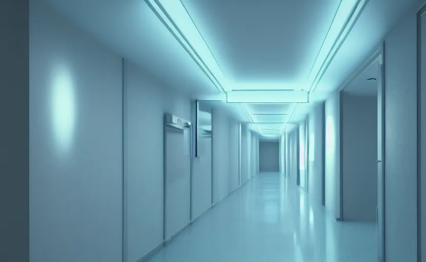 Image similar to an hallway in hospital with soft blue lights in the roof, octane render, artstation trending, highly detailded