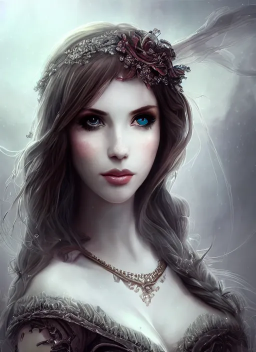 Image similar to of dark fantasy, young beautiful Amouranth, close up face portrait, medium shot, intricate, elegant, ethereal dreamy light, highly detailed, concept art, smooth, sharp focus, illustration, art by Nicola Samuri