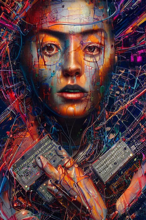 Image similar to portrait of computer & circuits, melting, nasa, 8 k, by tristan eaton, stanley artgermm, tom bagshaw, greg rutkowski, carne griffiths, ayami kojima, beksinski, giger, trending on deviantart, face enhance, hyper detailed, minimalist, cybernetic, android, blade runner, full of colour, super detailed