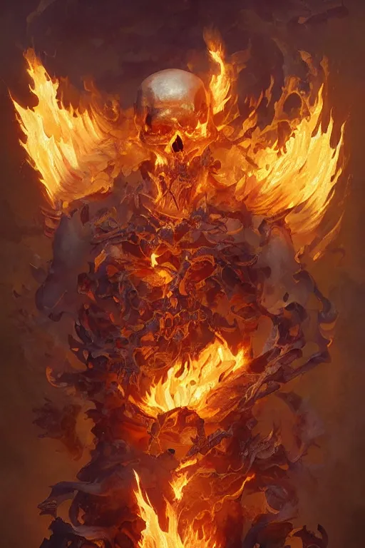 Prompt: skeleton burning in yellow flame spell scroll art by artgerm and greg rutkowski and Craig Mullins, James Jean, Andrey Ryabovichev, Mark Simonetti and Peter Morbacher 16k