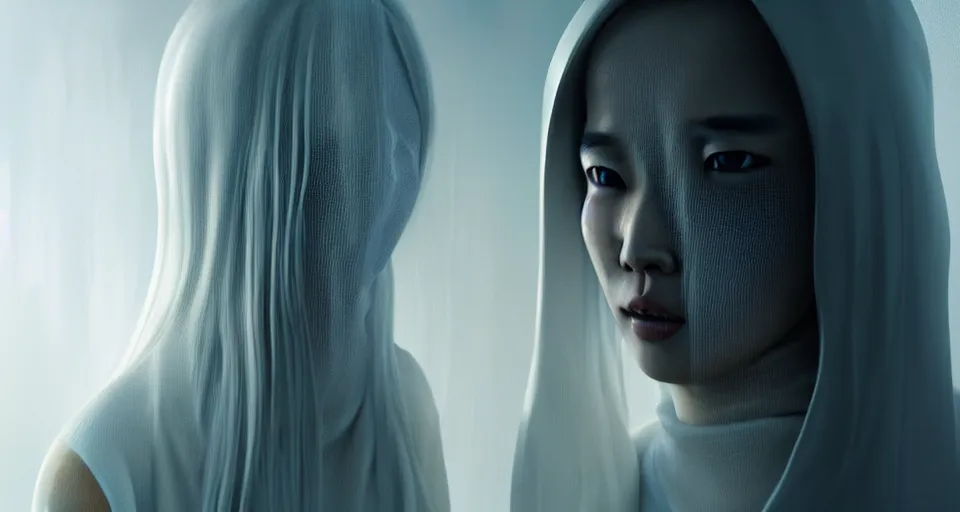 Image similar to portrait of kang seul - gi, white long hair, burka, cyberpunk, in a ruined temple, symetrrical facial. ruan jia, weldon casey, giger. cinematic. smooth gradients, transparent inflatable structures. trending on artstation.