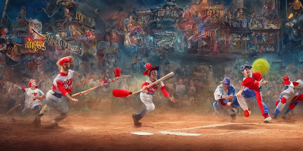 Prompt: magicians playing baseball against a team of clowns, realistic 4 k octane beautifully detailed render, 4 k post - processing, highly detailed, intricate complexity, epic composition, magical atmosphere, cinematic lighting, masterpiece, ultra hd