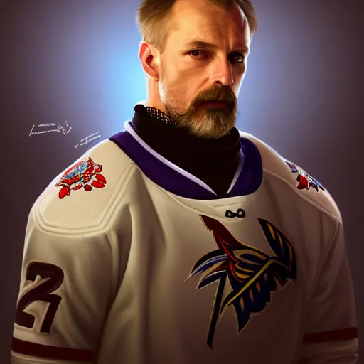 Prompt: Portrait of hockey player The Professor Larionov Igor, fantasy, intricate, elegant, highly detailed, digital painting, artstation, concept art, smooth, sharp focus, luxury fashion illustration, art by artgerm and greg rutkowski and alphonse mucha, brightly lit cinematic soft lighting, photorealistic