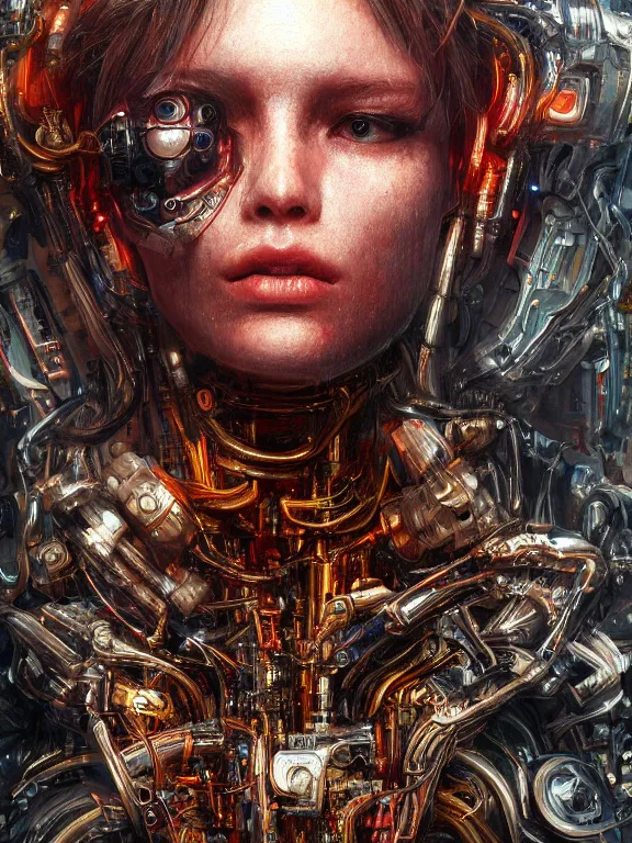 Prompt: portrait art of 8k ultra realistic artificial intelligence, cybernetic, full of colour, cinematic lighting, battered,decay, trending on artstation, 4k, hyperrealistic, focused, extreme details,unreal engine 5, cinematic, masterpiece, art by ayami kojima, giger