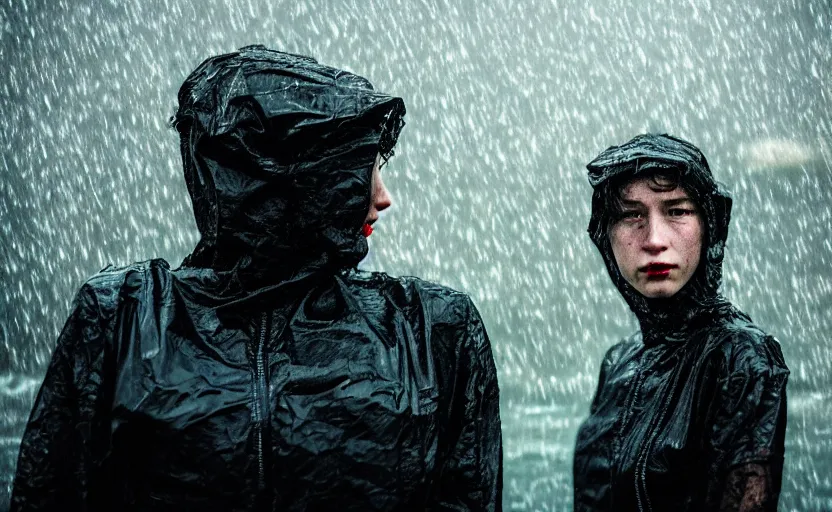 Image similar to cinestill 5 0 d candid photographic portrait by helen levitt of two loving female androids wearing rugged black mesh techwear in treacherous waters, extreme closeup, modern cyberpunk moody depressing cinematic, pouring rain, 8 k, hd, high resolution, 3 5 mm, f / 3 2, ultra realistic faces, ex machina