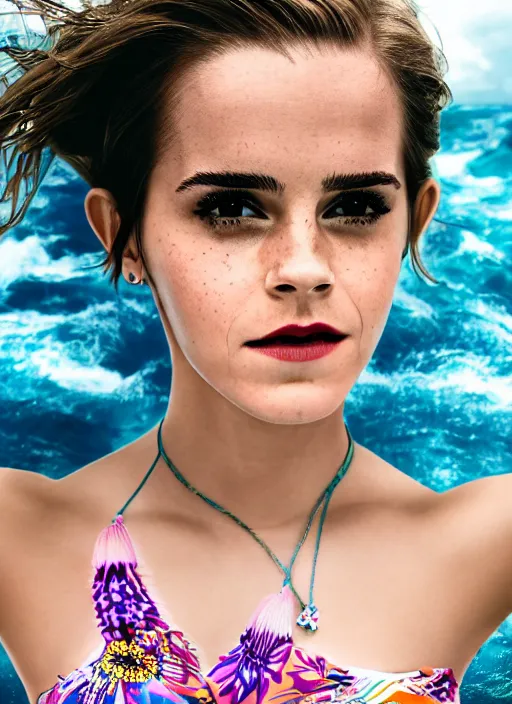 Image similar to Emma Watson for Victorian Secret, perfect face, hot summertime hippie, psychedelic swimsuit, in a sun lounger, cloudy day, full length shot, XF IQ4, 150MP, 50mm, f/1.4, ISO 100, 1/160s, natural light, Adobe Photoshop, Adobe Lightroom, DxO Photolab, Corel PaintShop Pro, rule of thirds, symmetrical balance, depth layering, polarizing filter, Sense of Depth, AI enhanced