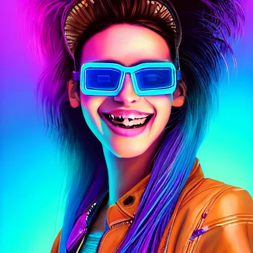 Image similar to closeup painting of a very beautiful young mexican cyberpunk woman with a smile, light blue neon shutter shades!! on her face, and a purple coloured leather jacket, one side haircut, long brown hair with light blue ends, portrait, sci - fi, hyperdetailed, cgsociety, synthwave by tangerine dream, by jean - michel jarre, by vangelis, by john carpenter