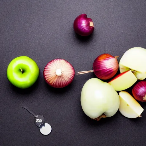 Image similar to set of balance scales with one apple in one side and one onion in the other