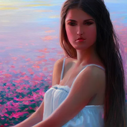 Image similar to an influencer girl portrait in long white dress, sunset, flowers, ocean in distance, oil painting, pale colors, high detail, 8 k, wide angle, trending on artstation,