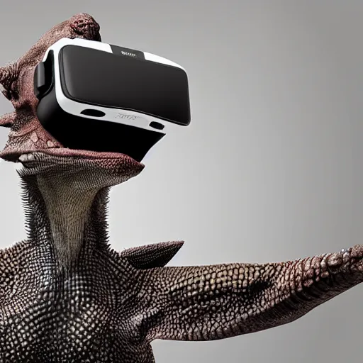 Image similar to a pet lizard wearing armor and vr headset, indoor, photorealistic, monochrome, detailed