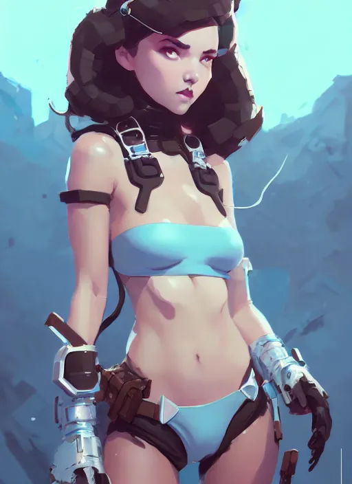 Prompt: portrait of cute girl in cyber bikini armor, warhammer, by atey ghailan, by greg rutkowski, by greg tocchini, by james gilleard, by joe fenton, by kaethe butcher, dynamic lighting, gradient light blue, brown, blonde cream and white color scheme, grunge aesthetic