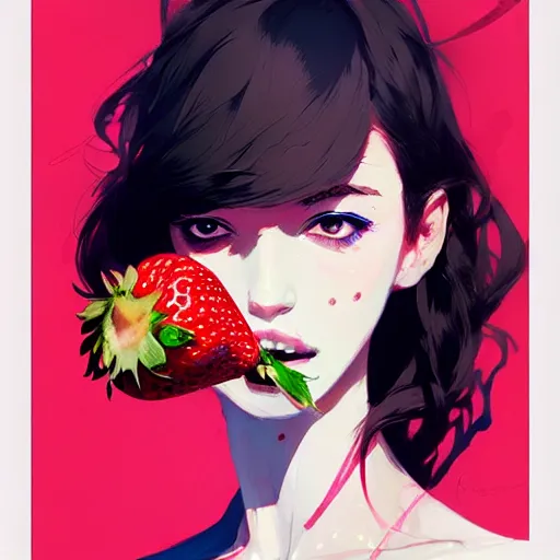 Image similar to a ultradetailed beautiful panting of a stylish woman with a strawberry in her mouth, by conrad roset, greg rutkowski and makoto shinkai, trending on artstation