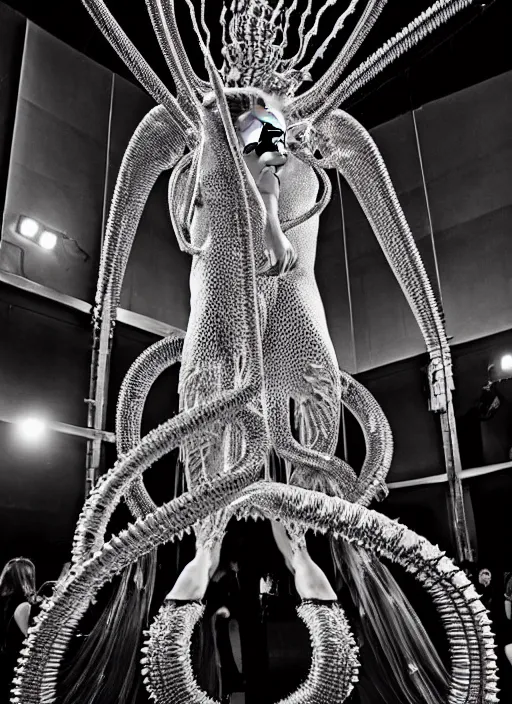 Image similar to walking down the catwalk, steven klein, show, stage, vogue photo, podium, fashion show photo, historical baroque dress, iris van herpen, beautiful woman, full body shot, masterpiece, inflateble shapes, alien, predator, guyver, jellyfish, white biomechanical details, highly detailed