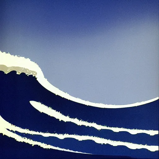 Image similar to waves crashing on the shore, shades of blue, by eyvind earle