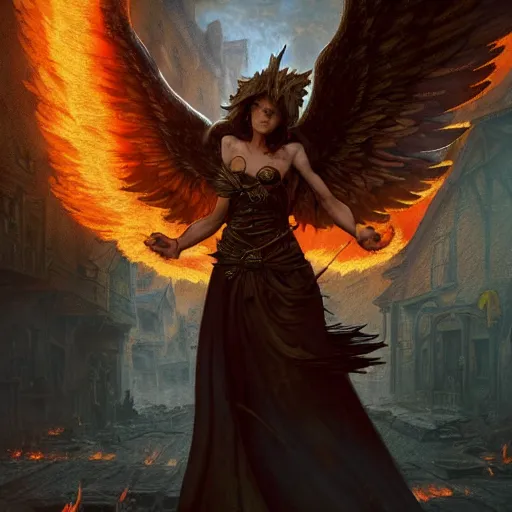 Image similar to Fallen angel as a phoenix in fire, flying through a medieval town by night, buildings in fire, smokes, dark, destruction, post-apocalyptic, DnD character, unreal engine, octane render, dramatic lighting, pond, digital art, by Stanley Artgerm Lau, greg rutkowski, thomas kindkade, alphonse mucha, loish, norman Rockwell