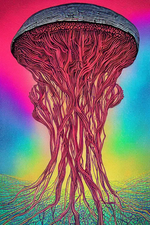 Prompt: huge minds eye, exploding mushroom cloud, jellyfish nervous system suspended in rainbow liquid paint neural network, black paper, obscure, dan mumford, wlop, artgerm, moebius, symmetrical