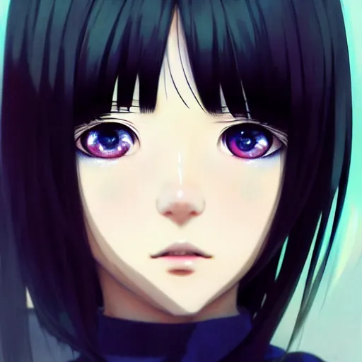 Image similar to portrait Anime girl, cute-fine-face, long black-hair and bangs, pretty face, red eyes, realistic shaded Perfect face, fine details, anime, realistic shaded lighting by Ilya Kuvshinov katsuhiro otomo ghost-in-the-shell, magali villeneuve, artgerm, rutkowski, WLOP, Jeremy Lipkin and Giuseppe Dangelico Pino and Michael, Garmash and Rob Rey