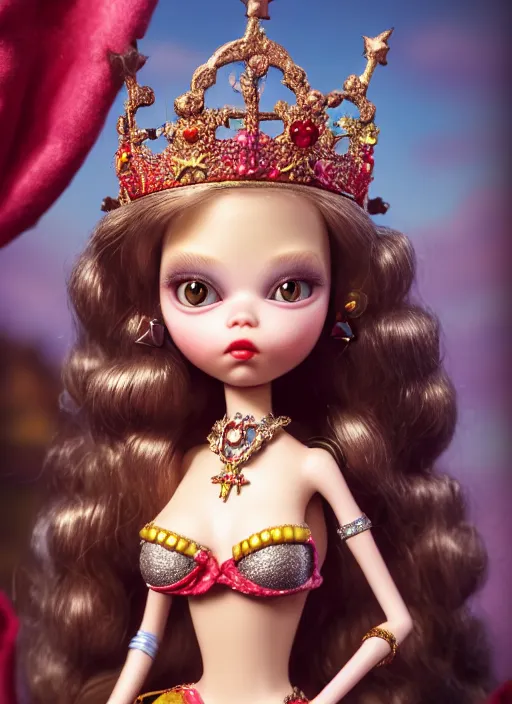 Image similar to highly detailed closeup, profile portrait of a tin toy fairytale princess wearing a crown, bikini, unreal engine, nicoletta ceccoli, mark ryden, earl norem, lostfish, global illumination, detailed and intricate environment