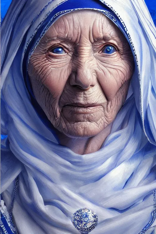 Image similar to Mother Theresa as a heroine in blue&white leather, intricate, elegant, highly detailed, centered, digital painting, artstation, concept art, smooth, sharp focus, illustration, art by artgerm and donato giancola and Joseph Christian Leyendecker, Ross Tran, WLOP