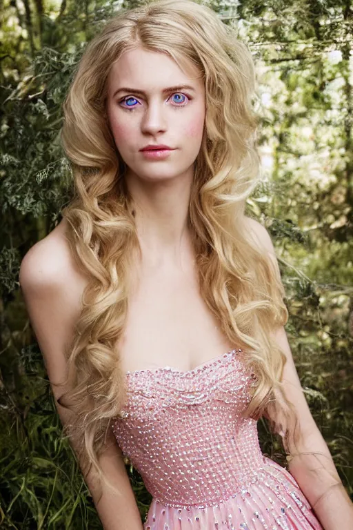 Image similar to a princess with long blonde hair and light blue eyes wearing a strapless elaborately beaded pink dress standing next to a green popup camping tent, high resolution film still, 8k, HDR color, film by Simon Langton and David Frankel, triangular face, very light freckles, round narrow chin, straight jawline, natural lips, high cheekbones, beautiful gazing eyes, green outdoor camping tent