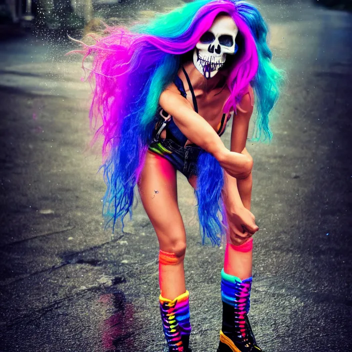 Image similar to fully body pose, photo of a very beautiful!! victoria secret model, skull woman, rainbow hair, overalls, short shorts, fishnets, combat boots, wet t shirt, raining, 8 k, hdr, smooth, sharp focus, high resolution, award - winning photo, trending on artstation, dslr, 5 0 mm