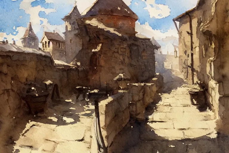 Prompt: small centered on watercolor paper, paint brush strokes, abstract watercolor painting of medieval city wall entrance, rough rock, heavy port, cinematic light, national romanticism by hans dahl, by jesper ejsing, by anders zorn, by greg rutkowski, by greg manchess, by tyler edlin