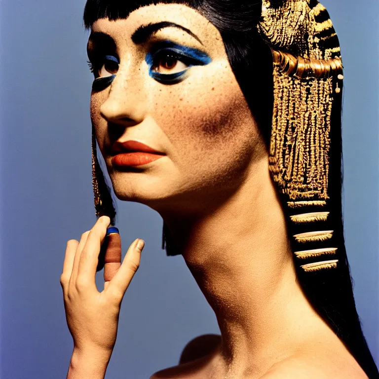 Image similar to a portrait photograph of cleopatra by richard avedon styled by andrea flesch, award winning, cooke 8 5 mm f / 1. 2, lomography color 4 0 0 film stock, low - key studio lighting,