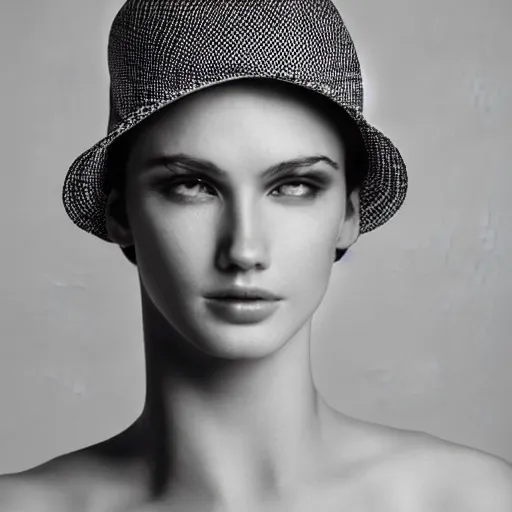 Prompt: black and white photo of hyperrealistic fashion model in wide !white! hat, in the style of classicism, high contrast