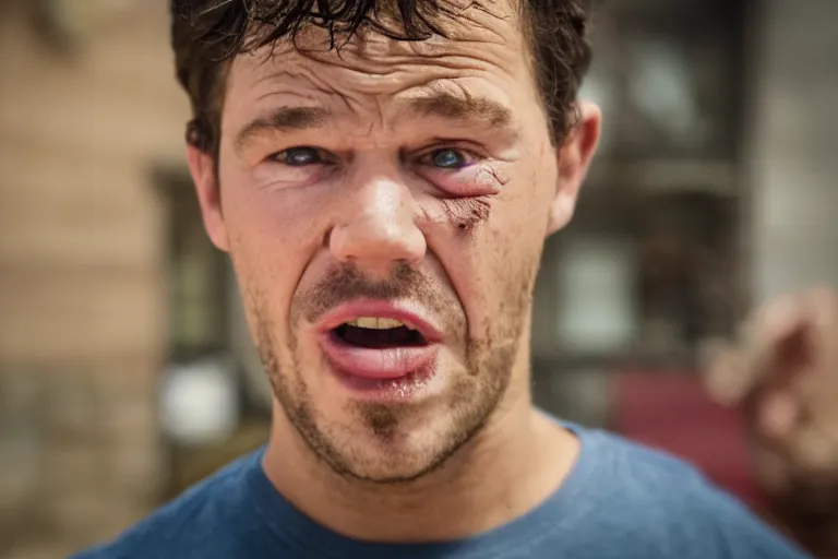 Prompt: matt daemon as marky mark, all faces are distorted contorted, shock, repulsion, disgust, frustration, annoyance, laughter, smirk, snicker, cinematic still, movie still, long lens, shallow depth of field, bokeh, anamorphic lens flare, 8 k