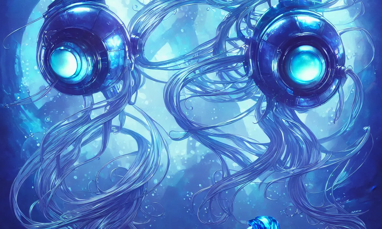 Image similar to cyberpunk jellyfish, blue tones, underwater, 8 mm, highly detailed, digital painting, artstation, concept art, smooth, sharp focus, illustration, art by artgerm and greg rutkowski and alphonse mucha