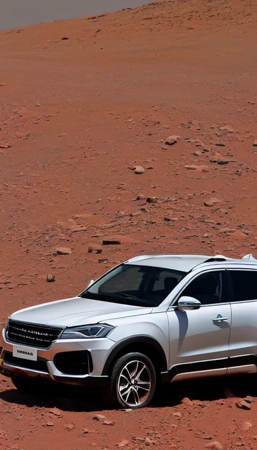 Prompt: haval h9 on mars the terminator sits behind the wheel