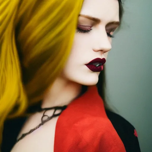 Prompt: high quality photo of a beautiful woman moody and melanchony with accents of yellow and red.