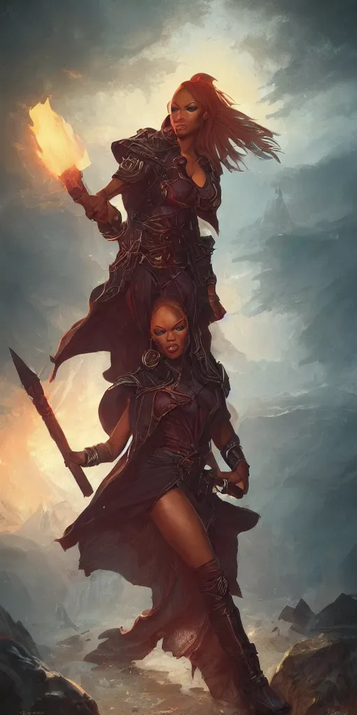 Prompt: full shot of Tyra Banks as a D&D mage, trending on artstation, illustration, cgsociety, 8k, cinematic art by Greg Rutkowski and Thomas Kinkade and William O'Connor