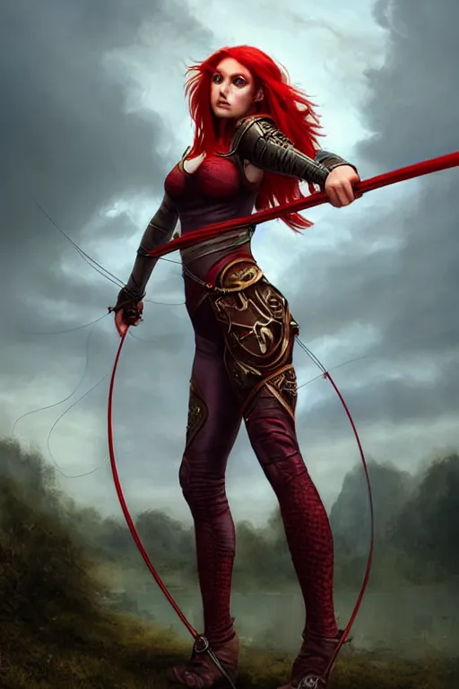 Prompt: Female archer, dnd, d&d, leggins, red skintight leather armor, red hair, Low-Angle, visible face!, beautiful face, toned derriere, high fantasy, realistic!, matte painting, by wlop, by tomasz alen kopera