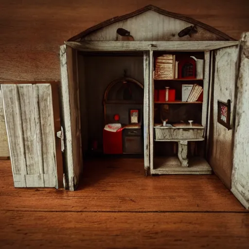 Prompt: A haunted dark moody dollhouse sitting in a large room with a red wood floor.